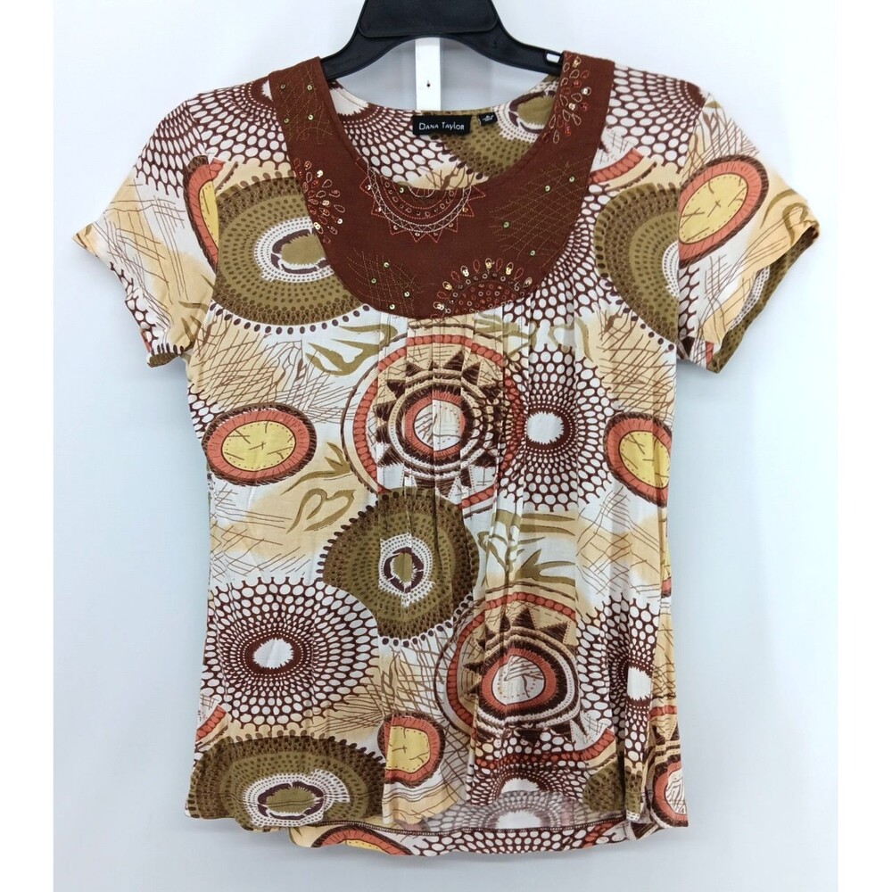 Dana Taylor Shirt Womens Small Brown Geometric Sequin Round Neck Short Sleeve